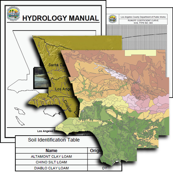 A layered map of Los Angeles County, California, is color coded for different soil types. The hydrology manual from which the map is sourced is visible in the background.