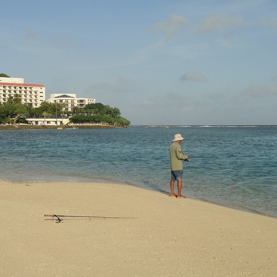 A man stands on the sandy beach casting a fishing line into a large, still body of water; a developed shoreline dotted with trees is visible in the distance.