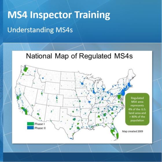 Screenshot of slide from MS4 inspector training featuring a national map that shows the locations of regulated MS4s.